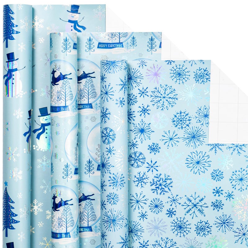LeZakaa Blue Christmas Wrapping Paper Mini Roll Snowman Reindeer Crystal Ball Snowflake Tree Metallic Foil Holiday Gift Wrap Arts Craft for Xmas Winter Party 17 x 120 inches 3 Rolls - Image 2