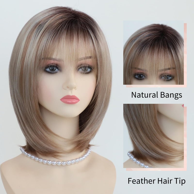 RENERSHOW Layered Blonde Bob Wigs for White Women with Bangs Straight Short Hair Wig Synthetic Ombre Blonde Highlight Bobo Haircuts 12inch Average Size Natural Daily Party Wig - Image 4