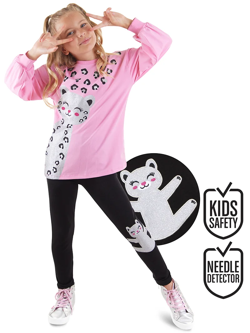 دينوكيدس طقم تي شيرت وليجنز بنقشة ليوبارد لامعة للبنات