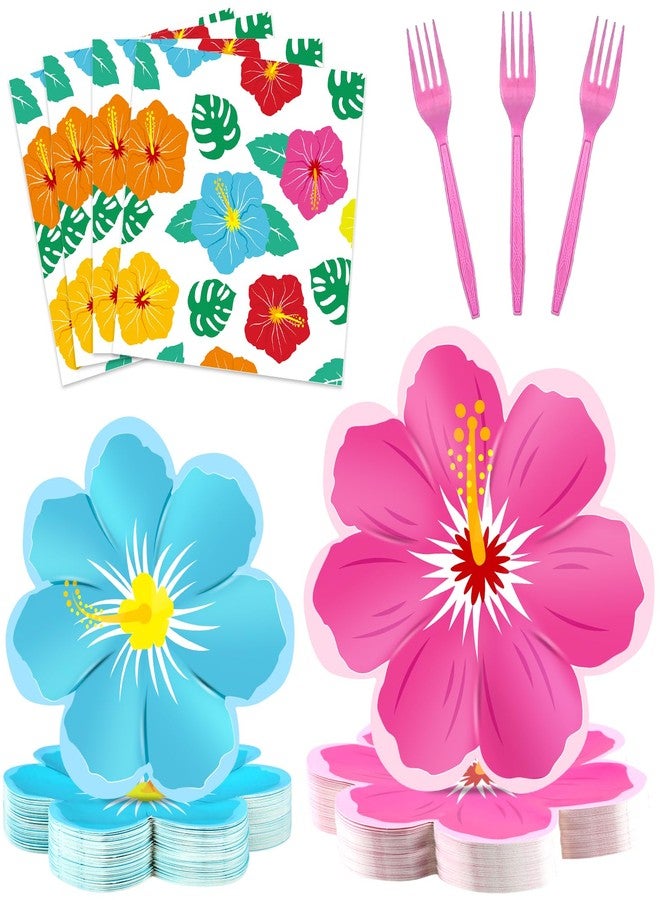 CHUNNIN 96 Pcs Hawaiian Luau Party Supplies Hawaiian Plates and Napkins Summer Hibiscus Theme Party Plates Floral Tropical Party Tableware Set Serves 24 Guests Hawaiian Beach Pool Birthday Party Decorations - Image 1