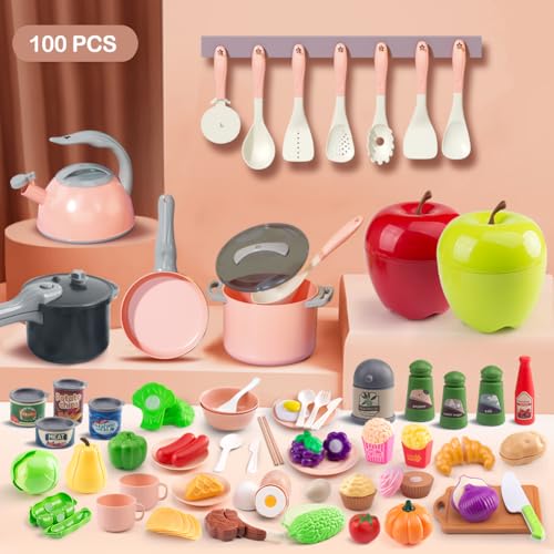 Funpynani 100Pcs Kitchen Playset Kids Pretend Cooking Play Pots Pans Utensils Cookware Toy Food Fruits Veggies with 2 Large Apple Shaped Storage Toddler Cooking Learning GiftPink - Image 5