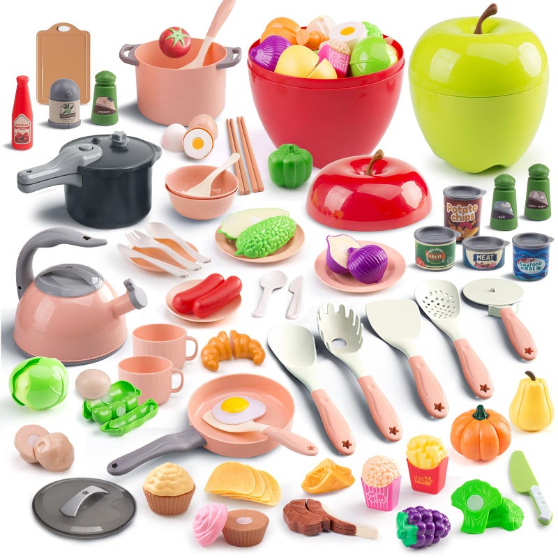 Funpynani 100Pcs Kitchen Playset Kids Pretend Cooking Play Pots Pans Utensils Cookware Toy Food Fruits Veggies with 2 Large Apple Shaped Storage Toddler Cooking Learning GiftPink - Image 3