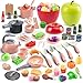 Funpynani 100Pcs Kitchen Playset Kids Pretend Cooking Play Pots Pans Utensils Cookware Toy Food Fruits Veggies with 2 Large Apple Shaped Storage Toddler Cooking Learning GiftPink - Image 2