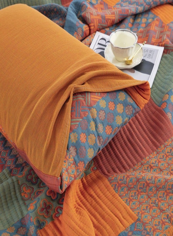 Purefair 100% Cotton Muslin Pillow Shams Set of 2 Jacquard Rustic Orange Bohemian Plaid Patchwork Floral Pillow Covers, Soft 3 Layers Gauzy Reversible Pillow Protectors, 20"x30" - Image 3