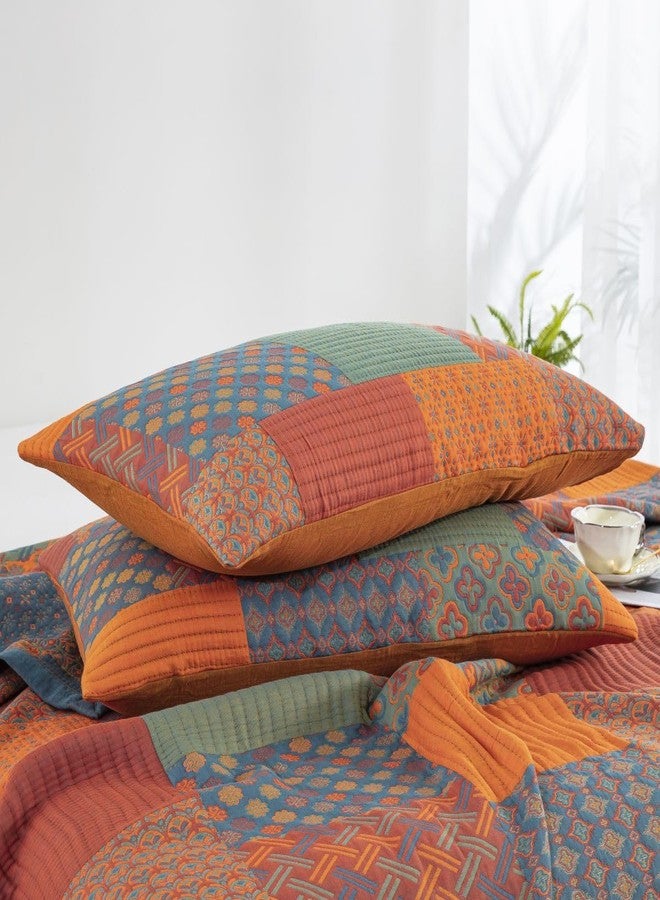 Purefair 100% Cotton Muslin Pillow Shams Set of 2 Jacquard Rustic Orange Bohemian Plaid Patchwork Floral Pillow Covers, Soft 3 Layers Gauzy Reversible Pillow Protectors, 20"x30" - Image 2