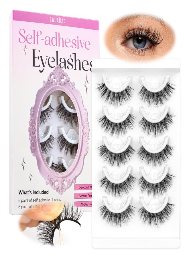CALAILIS Self Adhesive Eyelashes 5 Pairs Natural Look Press On Lashes No Glue Need Eyelashes Reusable Cat Eye Wispy Self-adhesive False Lashes with Replacement Adhesive Strips (C130) - Image 1