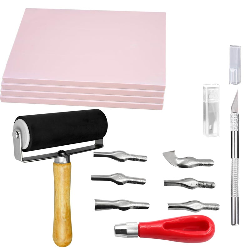 Rubber Carving Linoleum Blocks Rubber Block Stamp Carving Blocks with Brayer Cutter Tools for Printmaking Printing and Stamp Soft Rubber More Crafts