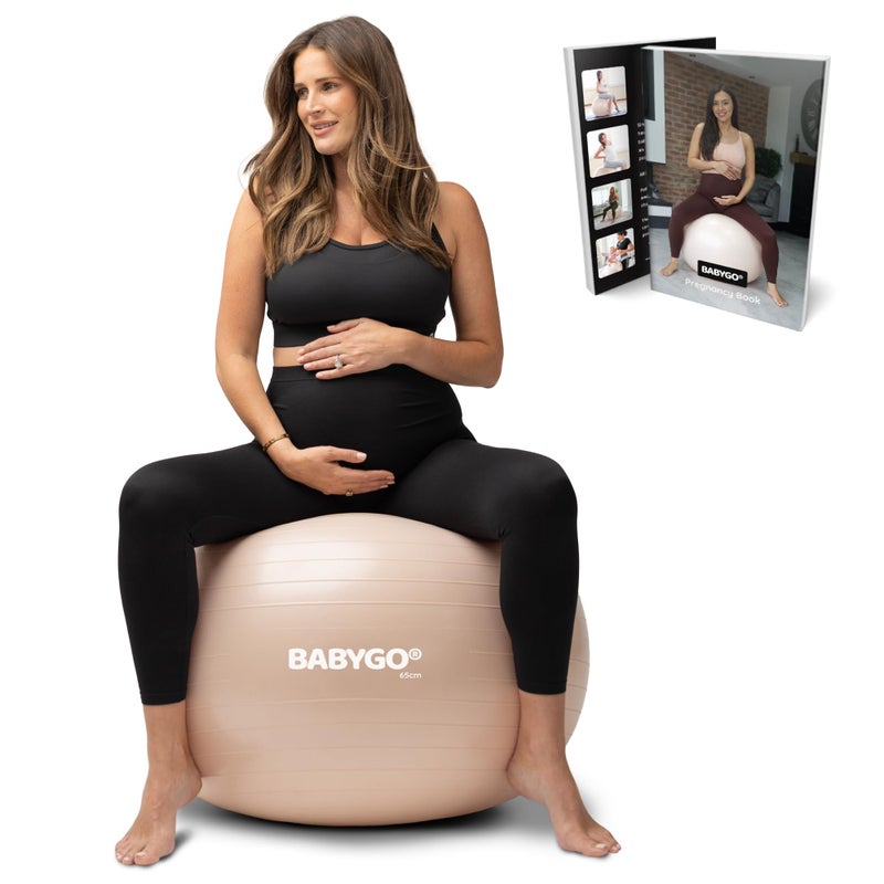BabyGo كرة ولادة BABYGO - مجموعة كرة يوجا الحمل والولادة والتمارين وكتاب يستهدف الثلث، فيزيولوجيا الأمومة، خطة الولادة والتعافي مضادة للانفجار وصديقة للبيئة (بيج، 65 سم) - Image 1