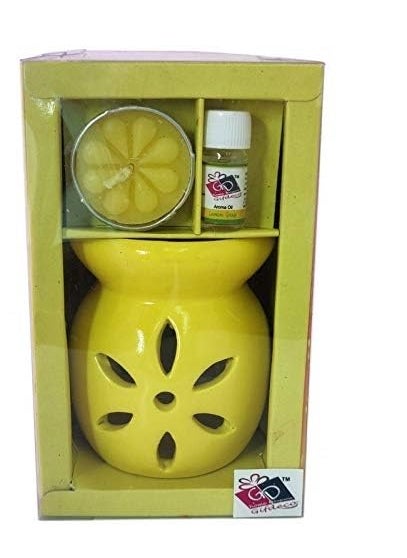 The Decor Affair Sunshine Blooms Radiant Yellow Ceramic Tea Light Holder Gift Set with Lavender Blossom Aroma Diffuser Aromatherapy Oil Burner and Wax Warmer 