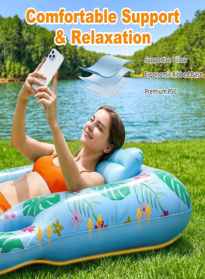 HeySplash Inflatable Pool Float Lounge, Large Inflatable Pool Floats Boat for Adults with Cup Holder & Detachable Pillow, Tanning Lounger Float for Lake River Summer Water, Light Blue&Color Print - Image 3