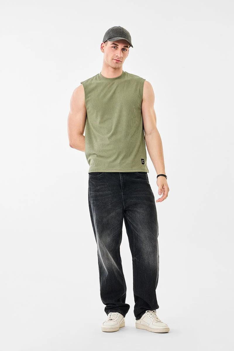 SNITCH Olive Green Ribbed Sleeveless Slim Fit T-Shirt