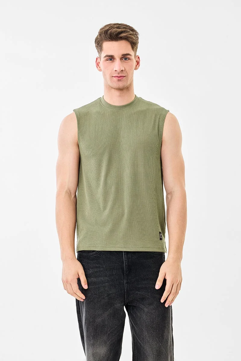 SNITCH Olive Green Ribbed Sleeveless Slim Fit T-Shirt