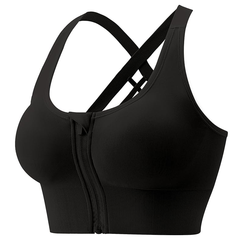 PLUMBURY Women's Polyamide Seamless Padded Full Coverage Front Zip Cross Back Sports Bra, Size XL, Black - Image 1