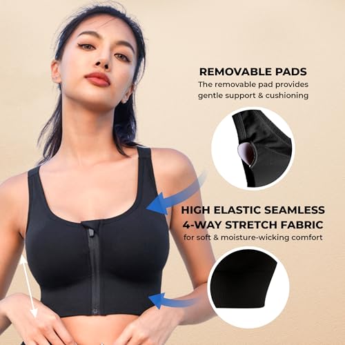 PLUMBURY Women's Polyamide Seamless Padded Full Coverage Front Zip Cross Back Sports Bra, Size XL, Black - Image 4