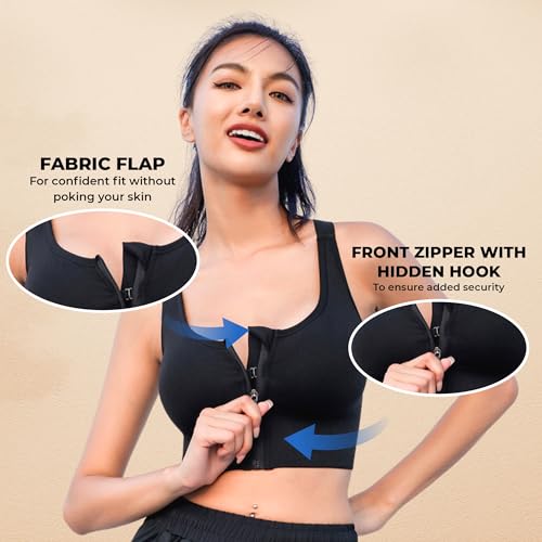 PLUMBURY Women's Polyamide Seamless Padded Full Coverage Front Zip Cross Back Sports Bra, Size XL, Black - Image 2