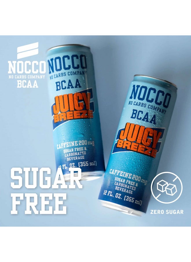 NOCCO - NOCCO BCAA Energy Drink Juicy Breeze - 12 Fl Oz (Pack of 12) - 200mg of Caffeine, Sugar Free Energy Drinks - Carbonated & Low Calorie, BCAAs, Vitamin B6, B12, & Biotin - Grab & Go Performance Drink - Image 1