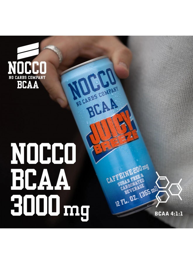 NOCCO - NOCCO BCAA Energy Drink Juicy Breeze - 12 Fl Oz (Pack of 12) - 200mg of Caffeine, Sugar Free Energy Drinks - Carbonated & Low Calorie, BCAAs, Vitamin B6, B12, & Biotin - Grab & Go Performance Drink - Image 1