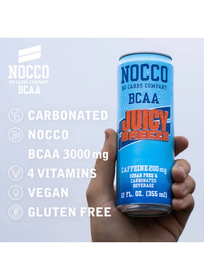 NOCCO - NOCCO BCAA Energy Drink Juicy Breeze - 12 Fl Oz (Pack of 12) - 200mg of Caffeine, Sugar Free Energy Drinks - Carbonated & Low Calorie, BCAAs, Vitamin B6, B12, & Biotin - Grab & Go Performance Drink - Image 1