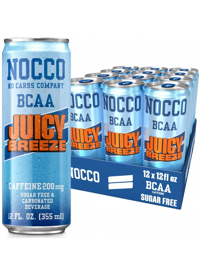 NOCCO - NOCCO BCAA Energy Drink Juicy Breeze - 12 Fl Oz (Pack of 12) - 200mg of Caffeine, Sugar Free Energy Drinks - Carbonated & Low Calorie, BCAAs, Vitamin B6, B12, & Biotin - Grab & Go Performance Drink - Image 1