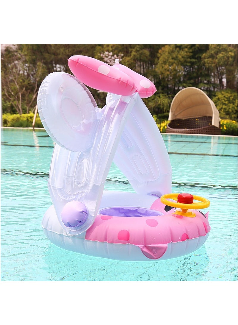 Kids Detachable Canopy Swim Ring with Steering Wheel - Cartoon Pink Inflatable Baby Pool Float, Thickened Toddler Swimming Ring for Water Play & Learning - Image 1