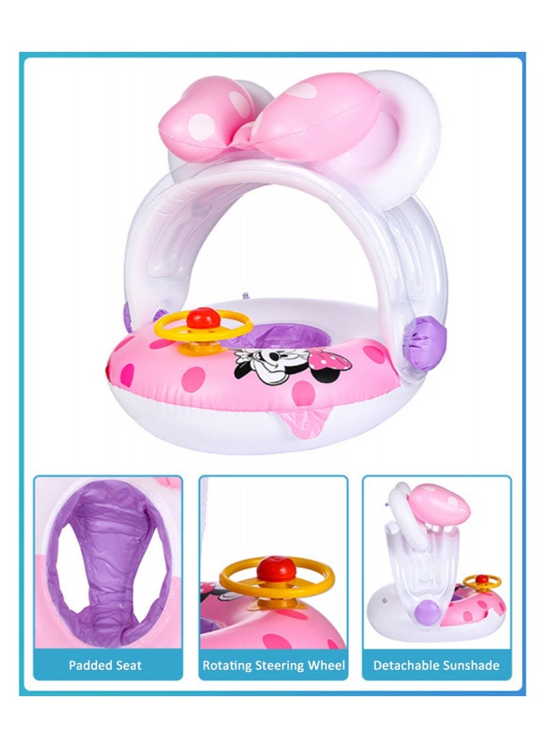 Kids Detachable Canopy Swim Ring with Steering Wheel - Cartoon Pink Inflatable Baby Pool Float, Thickened Toddler Swimming Ring for Water Play & Learning - Image 3