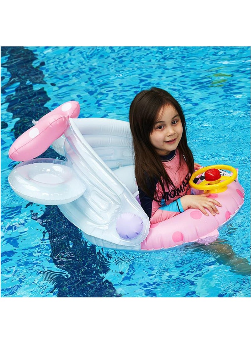 Kids Detachable Canopy Swim Ring with Steering Wheel - Cartoon Pink Inflatable Baby Pool Float, Thickened Toddler Swimming Ring for Water Play & Learning - Image 2