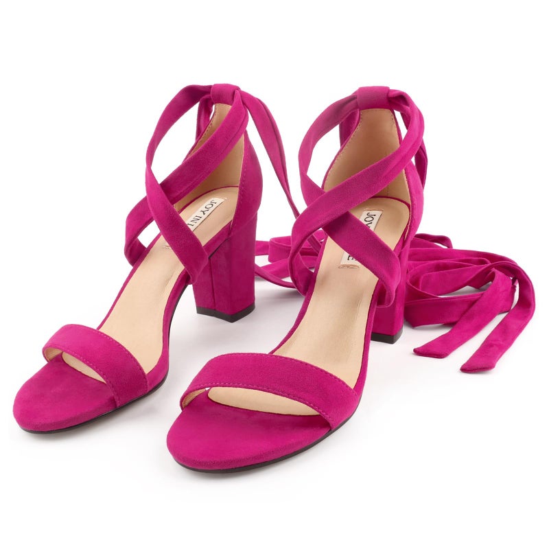 JOY IN LOVE Women's Lace Up Heels 3 Inch Chunky Block Heel Strappy Sandals Fuchsia 5.5US - Image 4