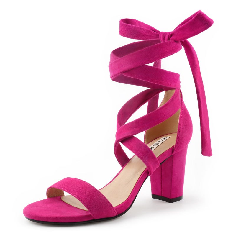 JOY IN LOVE Women's Lace Up Heels 3 Inch Chunky Block Heel Strappy Sandals Fuchsia 5.5US - Image 1