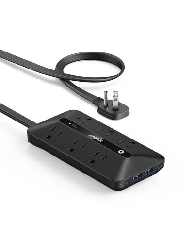 Anker 300J Flat Plug 10-in-1 Ultra Thin Power Strip with 6 AC, 2 USB-A & 2 USB-C Ports, Extension Cord, Desk Charging Station for Home, Office, College, Dorm, 5 Feet, Black - Image 1