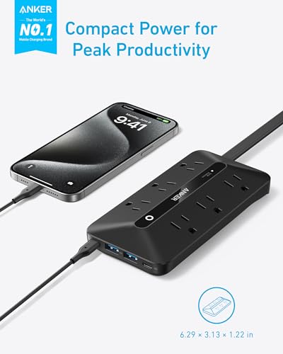 Anker 300J Flat Plug 10-in-1 Ultra Thin Power Strip with 6 AC, 2 USB-A & 2 USB-C Ports, Extension Cord, Desk Charging Station for Home, Office, College, Dorm, 5 Feet, Black - Image 2
