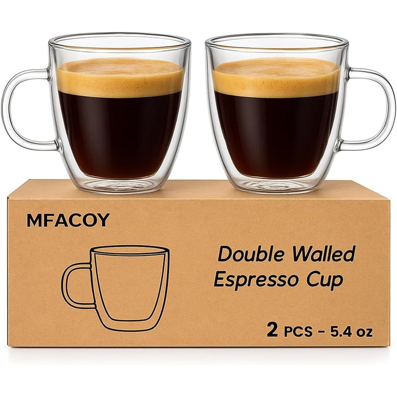 Mfacoy Glass Double Wall Insulated Espresso Cups (Set of 2), 5.4 oz Glass Espresso Shots Cup with Handle, Insulated Glasses Espresso Mugs, Small Coffee Cups, Espresso Shot Glass, Espresso Shot Glass - Image 1