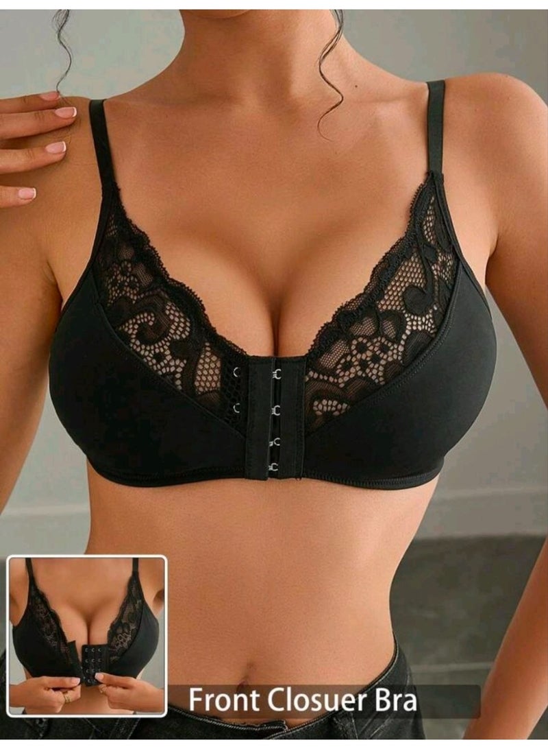 SHEIN-1pc Mature & Charming - Wireless/Wireless & Padless Seamless Comfort Front Hook Racerback Lace Insert Bra For Women - Image 5