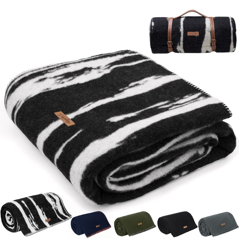 Molithe 100 Wool Blanket 62 x 86 Warm Thick Washable Military Wool Blanket Great for Camping Outdoors Sporting Events Survival KitsBlack White Striped - Image 2
