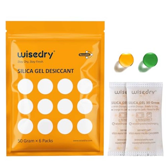 wisedry 50 Gram [6PACKS] Rechargeable Silica Gel Desiccant Packets Fast Reactivate Desiccant Bags Orange to Green indicating for Air Dryer Food Grade - Image 1