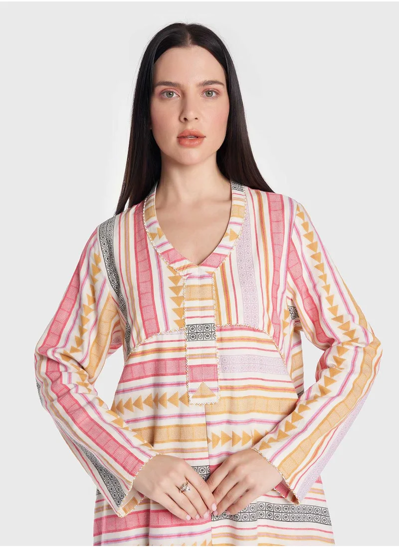 KASHKHA Cotton Jacquard Handloom Aztech Print Geometric Pattern Jalabiya
