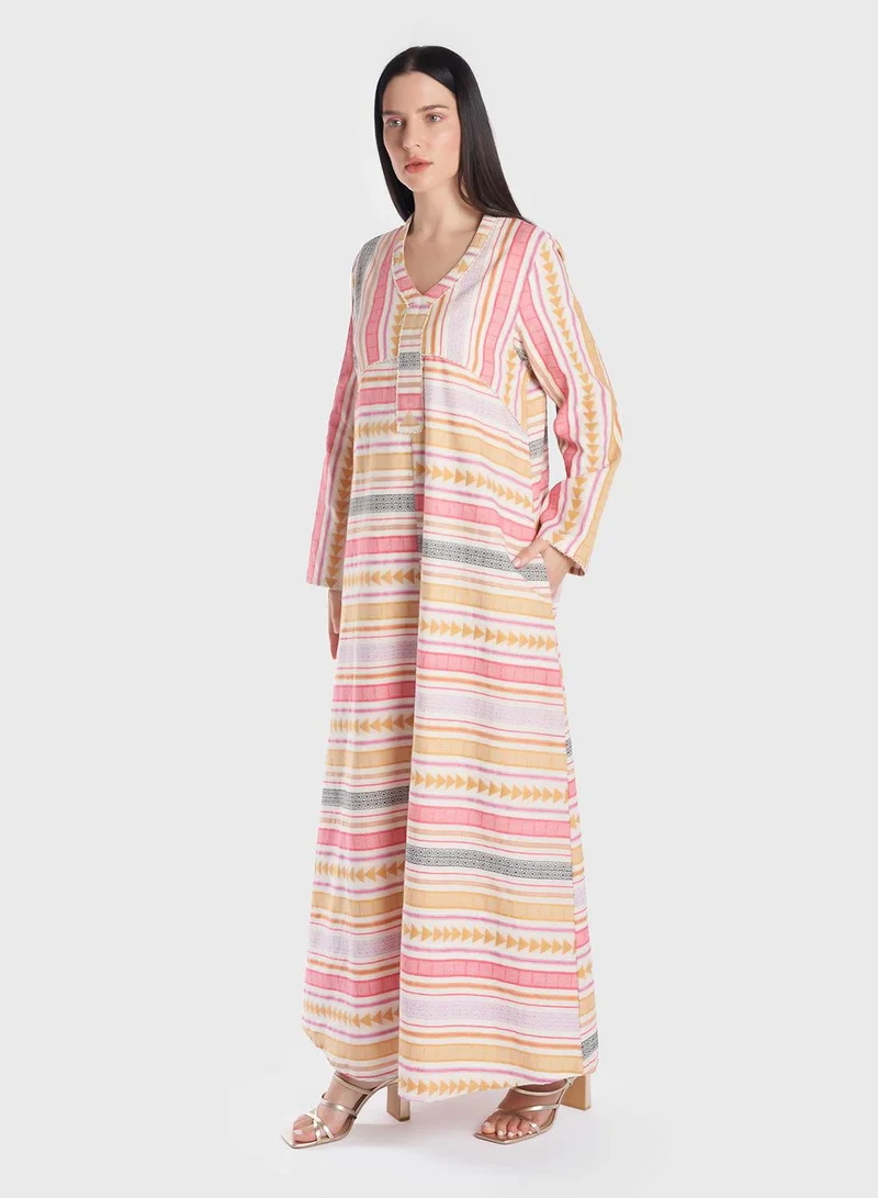 KASHKHA Cotton Jacquard Handloom Aztech Print Geometric Pattern Jalabiya