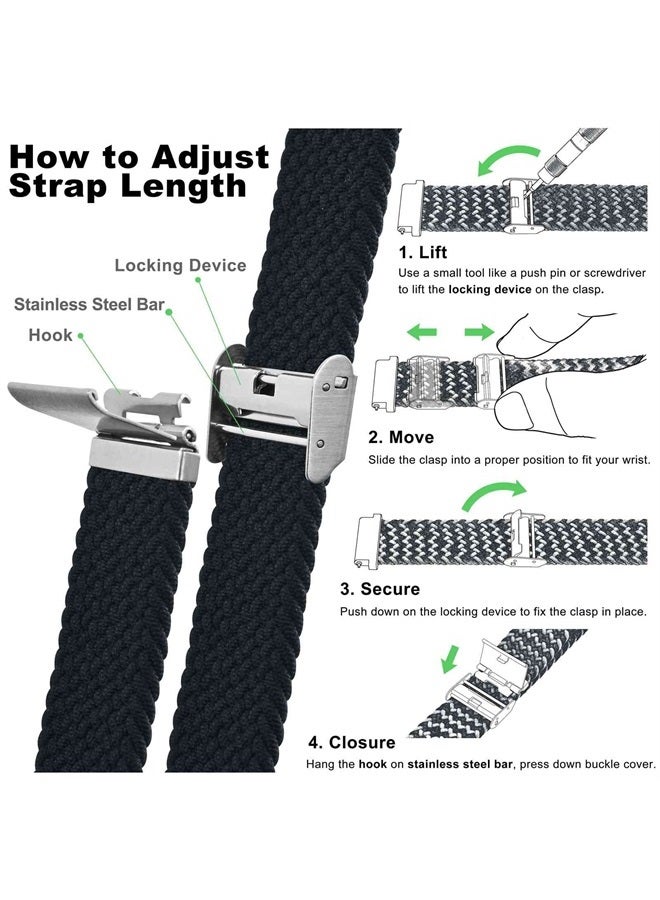 WOCCI 19mm Braided Nylon Watch Band for Men and Women, Quick Release, Silver Stainless Steel Buckle (Black) 