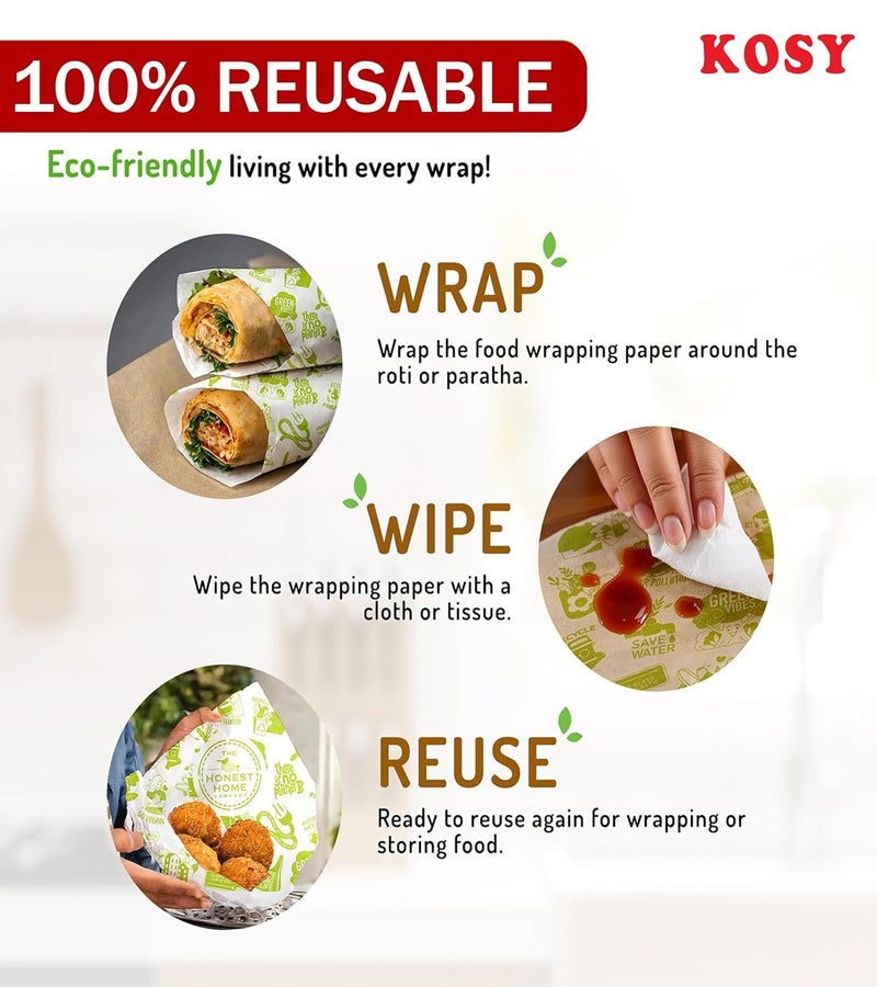 KOSY لفافة ورق الزبدة لتغليف الطعام | ورق مطبخ مقاوم للشحوم وغير لاصق 100م | ورق تغليف غذائي للسندويشات، روتي، وجبات خفيفة، تعبئة شاباتي، خبز، طهي وتخزين الوجبات - Image 5
