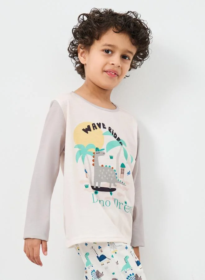 ستايلي Styli Dinosaur Print T-Shirt and Pyjama Set