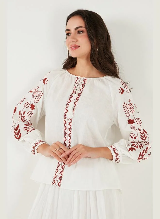 Lela Lela Cotton Regular Fit Balloon Sleeve Embroidered Blouse Women's BLOUSE 6110936