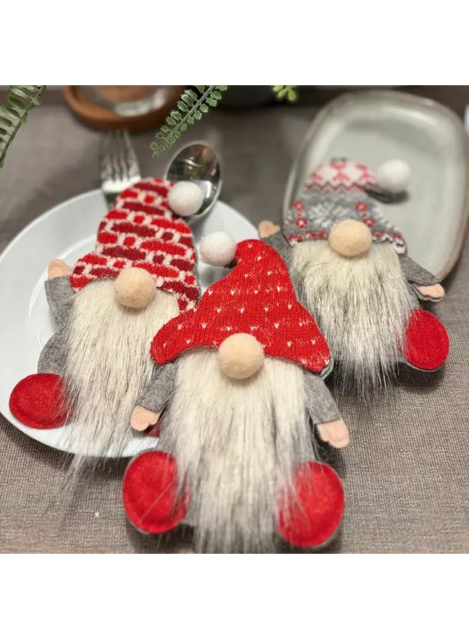 6Pcs Three Color Mix Gnome Knife and Fork Set with Fabric Storage Bag for Christmas Table Decor - Image 4