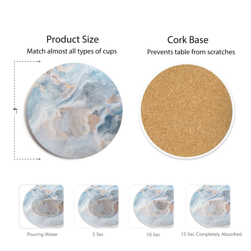 Hoomey Set of 6 Abstract Blue Marble Coasters with Holder, Absorbent Ceramic Coasters for Drinks, Coasters with Cork Backing for Table Protection, Housewarming Gifts for New Home - Image 5