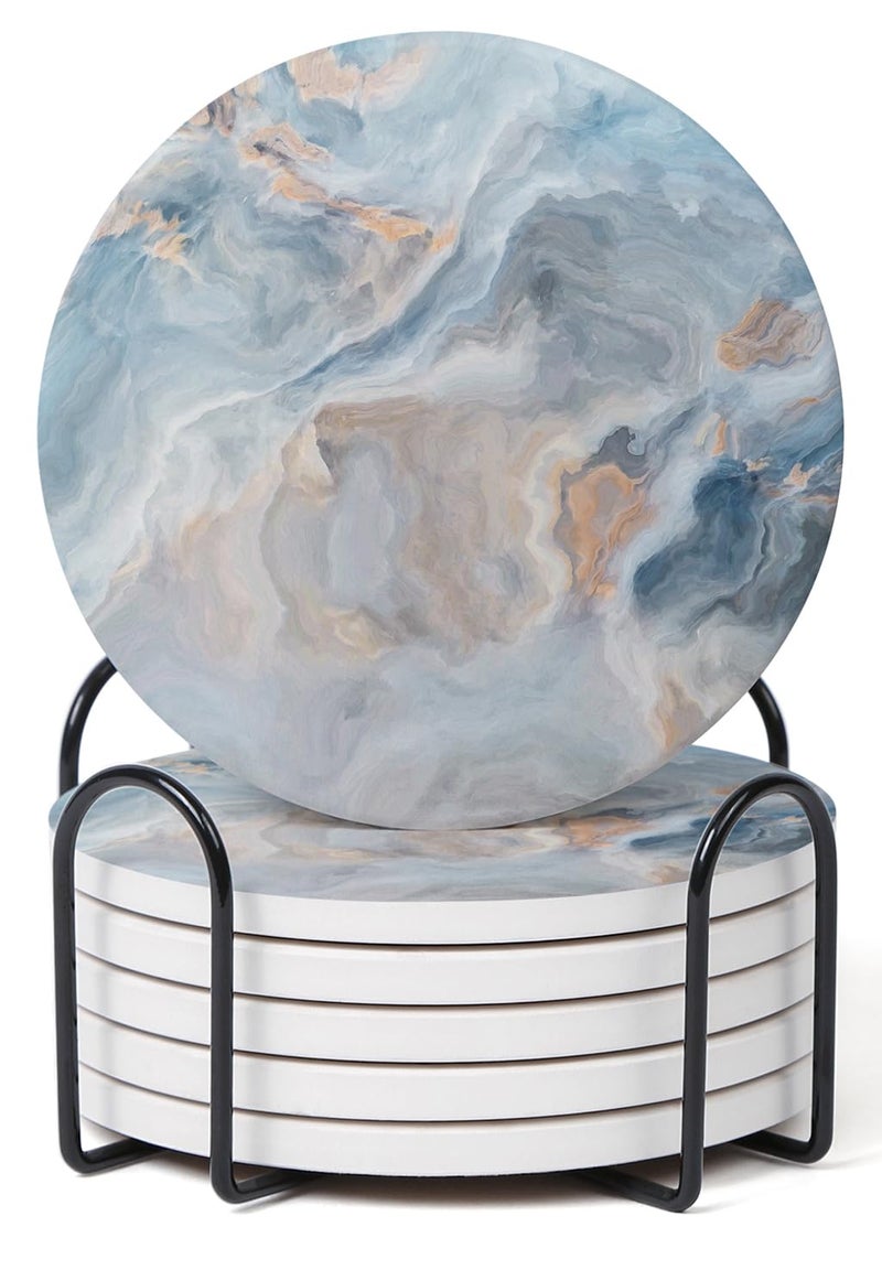 Hoomey Set of 6 Abstract Blue Marble Coasters with Holder, Absorbent Ceramic Coasters for Drinks, Coasters with Cork Backing for Table Protection, Housewarming Gifts for New Home - Image 1