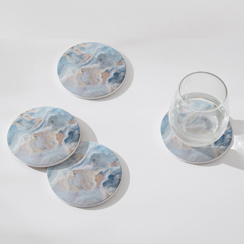 Hoomey Set of 6 Abstract Blue Marble Coasters with Holder, Absorbent Ceramic Coasters for Drinks, Coasters with Cork Backing for Table Protection, Housewarming Gifts for New Home - Image 3