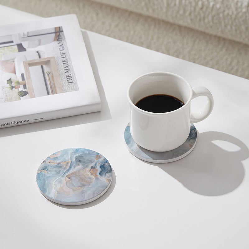 Hoomey Set of 6 Abstract Blue Marble Coasters with Holder, Absorbent Ceramic Coasters for Drinks, Coasters with Cork Backing for Table Protection, Housewarming Gifts for New Home - Image 2