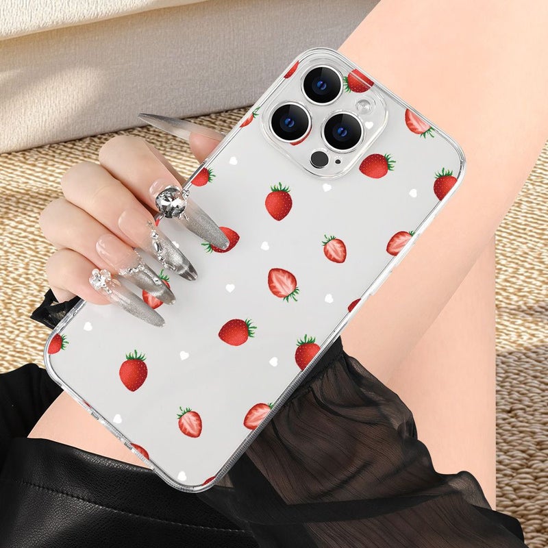 غطاء هاتف شفاف بنمط الفراولة لجهاز iPhone 15، هدية مقاومة للصدمات للنساء - Image 3