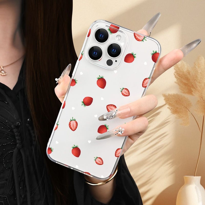 غطاء هاتف شفاف بنمط الفراولة لجهاز iPhone 15، هدية مقاومة للصدمات للنساء - Image 5
