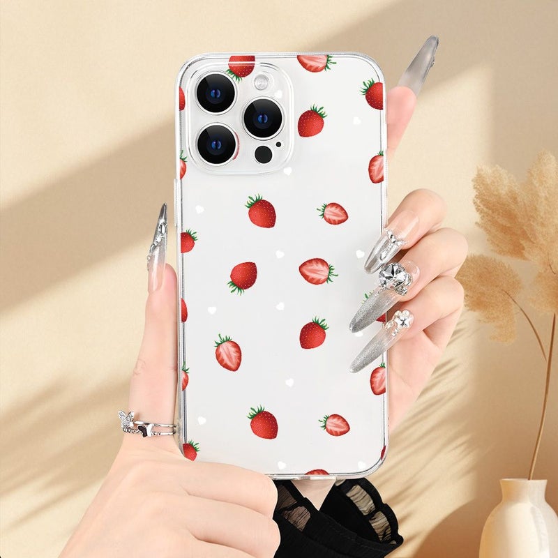 غطاء هاتف شفاف بنمط الفراولة لجهاز iPhone 15، هدية مقاومة للصدمات للنساء - Image 1