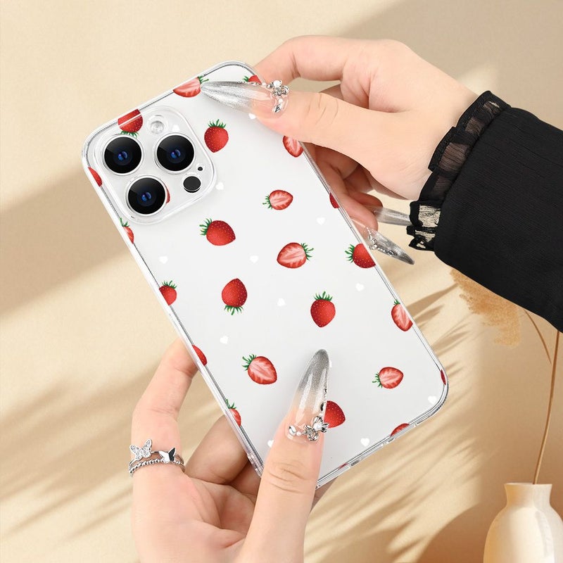 غطاء هاتف شفاف بنمط الفراولة لجهاز iPhone 15، هدية مقاومة للصدمات للنساء - Image 4
