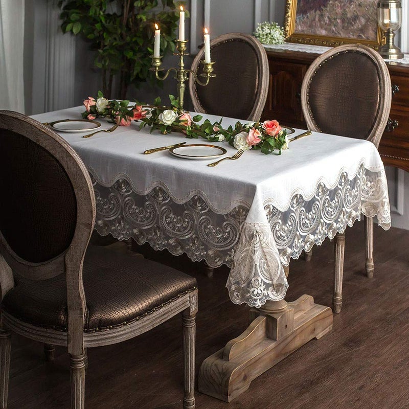 ARTABLE Lace Rectangular Tablecloths with Exquisite Macrame Border Clear Embroidered Kitchen Holidays Fabric Tablecloth (Beige, 60 x 84 Inch) - Image 2